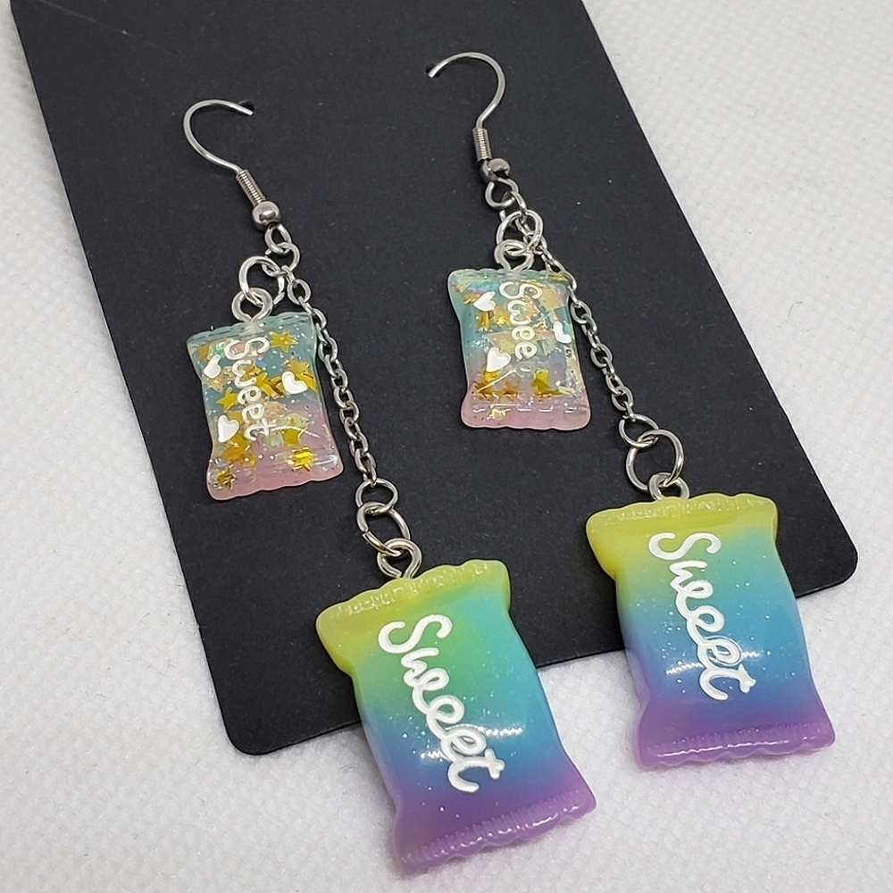 Handmade Purple Blue Green Gradient Sweet Candy Dangle Chain Earrings